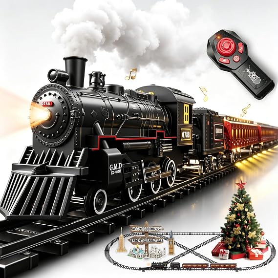 Electric Train Sets Remote Control for Kids Metal Alloy Christmas Train Toys Steam Locomotive Glowing Passenger Carriages Luxury Tracks Light