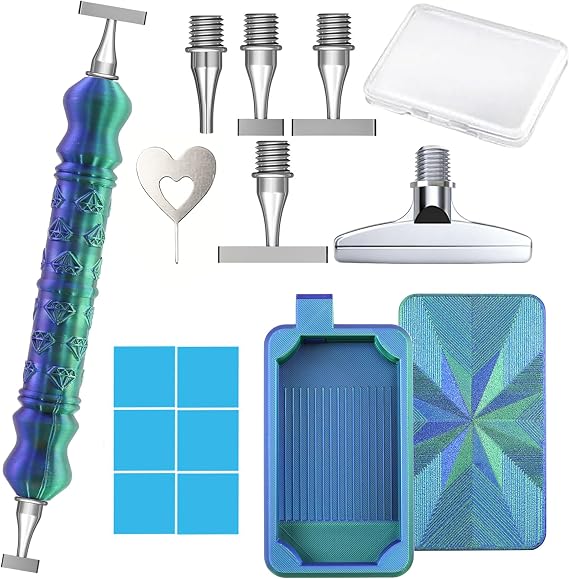 Diamond Art Pen, Include 1,3,6,9, Screw Threaded Steel Nibs and Diamond Painting Trays with Lids, Diamond Art Accessories and Tools for 5D Diamond Painting Beads, Drill Bead Dot Pen Kit (Blue Green)