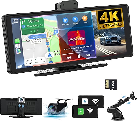 Wireless CarPlay Android Auto Screen for Car 10.26" 4K Dash Cam & 1080P Backup Camera 64 GB of Storage Mirror Link/Bluetooth/FM, Satellite Radio Receiver