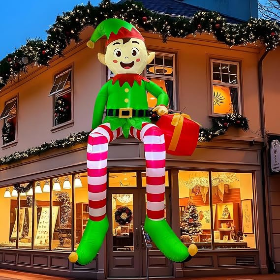 8FT Christmas Inflatables Outdoor Decorations, Sitting Blow Up Christmas Elf Decorations, Xmas Inflatable Outdoor Decor with Built-in LED Lights for Outside Indoor Party Yard Garden Lawn
