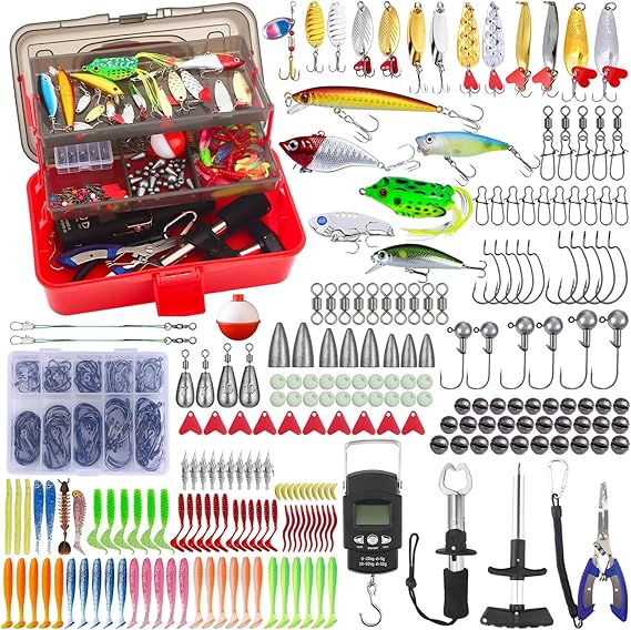 Fishing Lures Kit with Tackle Box, 314Pcs Fishing Tackle Box Fully Loaded with Baits, Pliers, Weights Scale, Lip Clip, Hooks, Hook Remover, Accessories, Gifts for Men Trout Bass Freshwater