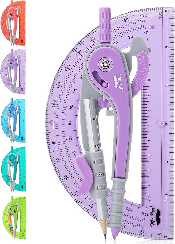 Mr. Pen- Geometry Compass and Protractor Set, 6 Inch Compass, 6 Inch Protractor, Drawing Tool for School, Clear Plastic, Easy Grip, Precision Design for Math, Art, Drafting, Architecture