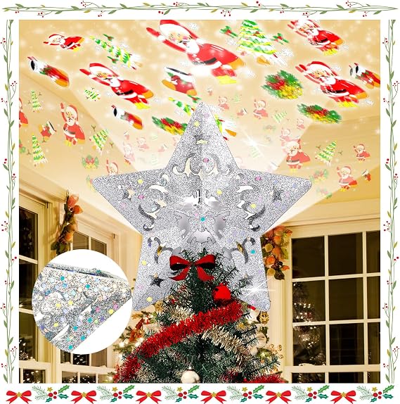 Christmas Tree Topper with 3D Santa Bells Star Projector,fohuas LED Rotating Santa Claus Xmas Tree Light lamp,Glitter Sparkling Silver Snow Tree-top Romantic Decoration Ornament (Silver Star-Santa)