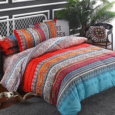 Goodidea Striped Bohemian Comforter Set Queen Size 3 Pieces Boho Hippie Geometric Bedding Set Soft Breathable Reversible Microfiber Boho Comforter with 2 Pillowcases20x26