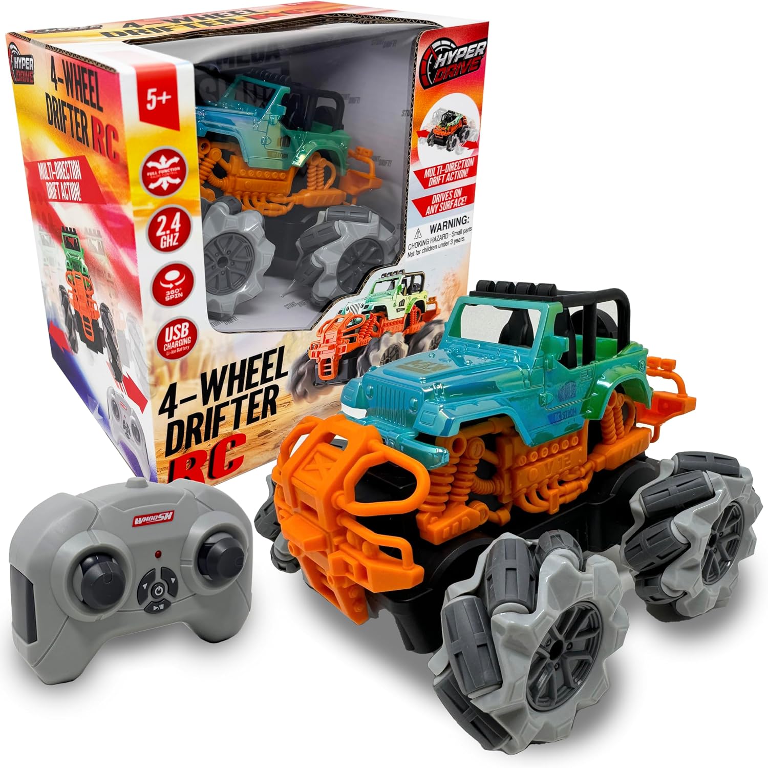 Hyper Drive RC Drifter 4-Wheel Drive 1:24 Scale Remote Control Car with Sideways Crab Movement, USB Rechargeable Battery, Metallic Finish
