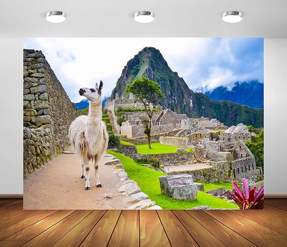 BELECO 8x6ft Fabric Machu Picchu Backdrop for Photography Ancient Mountain Ranges Lost Inca City Machu Picchu Alpaca Peru Historic Sites Background Peruvian Themed Party Decor Photo Studio Props