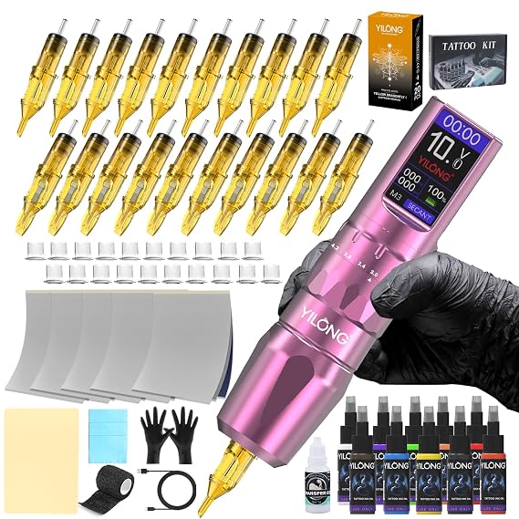 Wireless Tattoo Pen Machine Kit - Adjustable 6-Stroke Tattoo Machine with 1200mAh Power Supply and Digital LCD Display Rotary Tattoo Machine/Tattoo Starter Kit for Beginners (Pink)