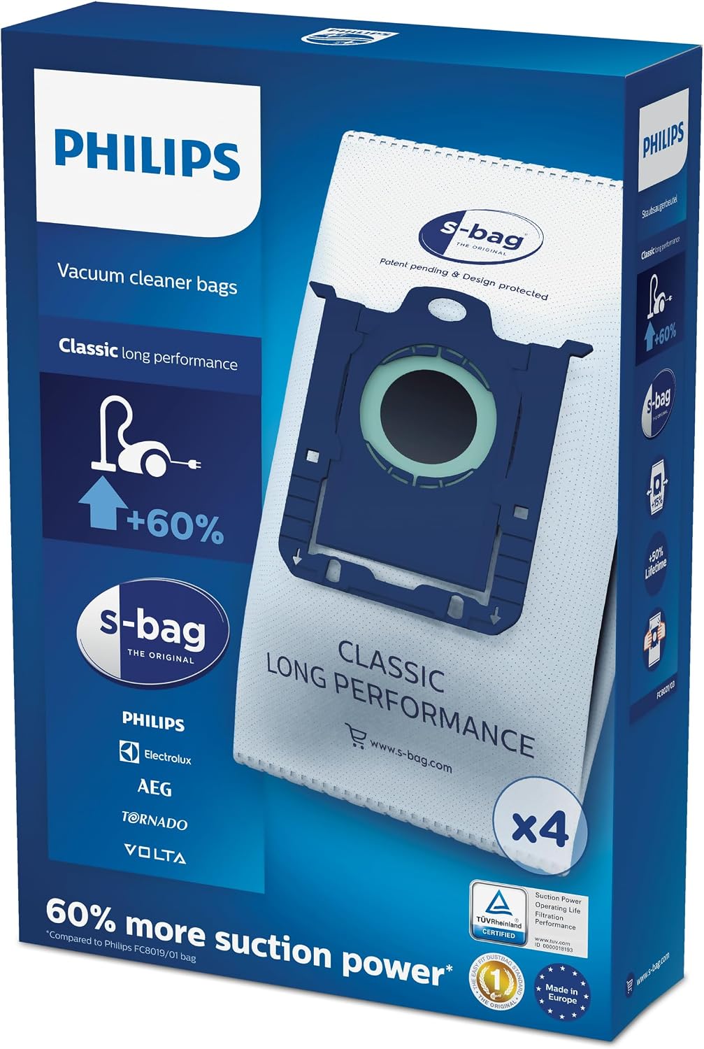 Philips FC8021/03 S-Bag Vacuum Cleaner Bags, White, 4 Pieces