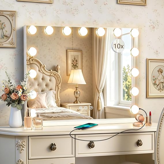 Onlytime Hollywood Vanity Mirror with Lights, 15 Replaceable Bulbs, 3 Color Lights, Make Up Lighted Mirror, Aluminum Metal Frame, USB Charging Port 23" x 18"
