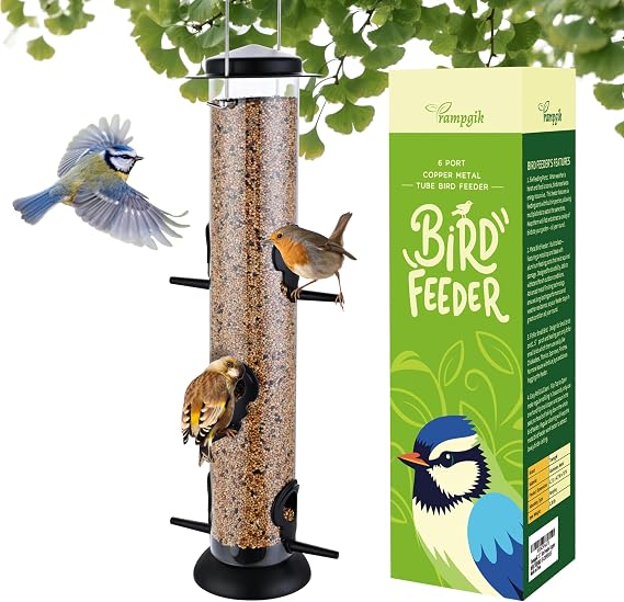Bird Feeders for Outdoors Hanging,Finch Feeders for Outside,Chew-Proof Hanging Bird Feeder,Rust-Proof Birdfeeder,Squirrel Proof 6 Ports Metal Bird Feeder,14 Inch,1 Pack,Black