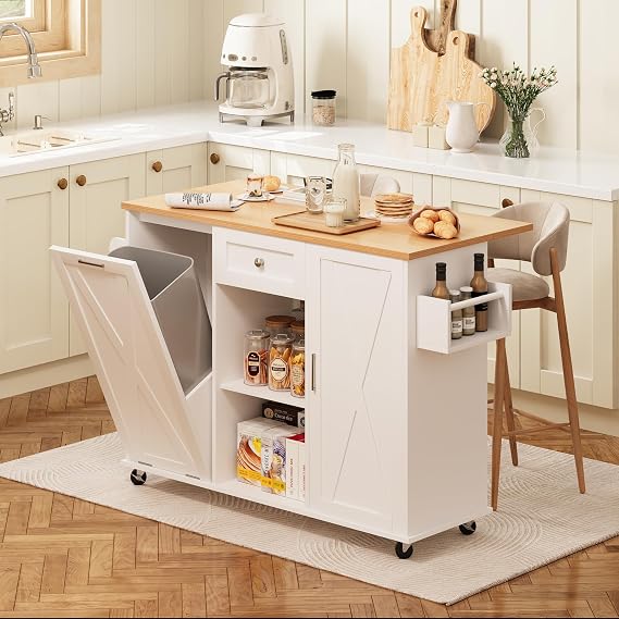 48" Modern Rolling Kitchen Island with Drop Leaf & Trash Can Storage, Mobile Island Table for Kitchen