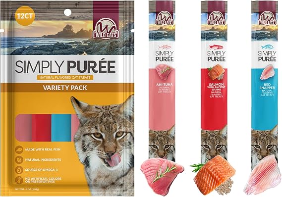 Wild Eats Lickable Cat Treats, Exotic Fish Variety Pack of 12, Puree Bisque