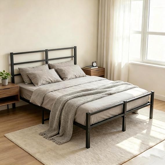 4ft6 Double Bed Frame with Headboard, Metal Slats Support Platform Bed Frames Double Bed with Storage Under Bed, Enhanced Support Stable Easy Assembly, Noise Free, No Box Spring Needed, Black