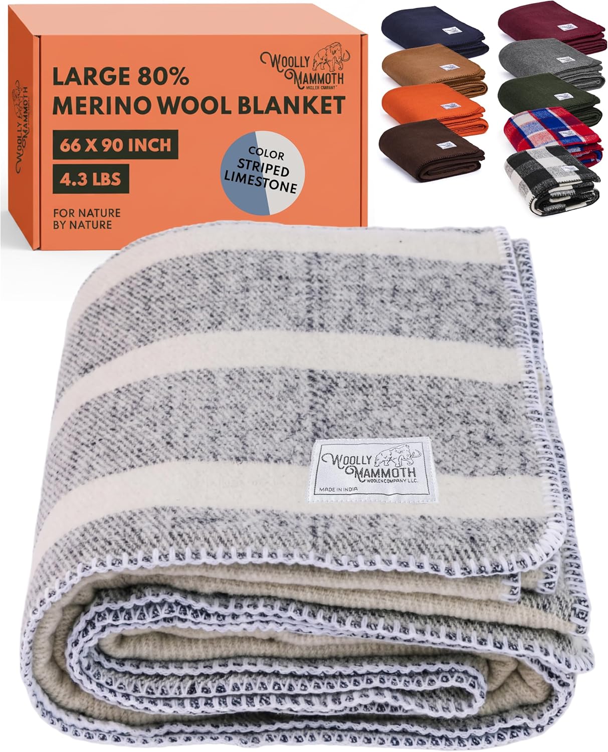 Woolly Mammoth Merino Wool Blanket- 66" x 90" 4 lbs Thick, Outdoor/Indoor Throw for Campfire, Picnic, Beach, Van Life, Home- Farmhouse Collection Heavy Duty Insulating Sleep Plaid, Navy/Cream Stripe