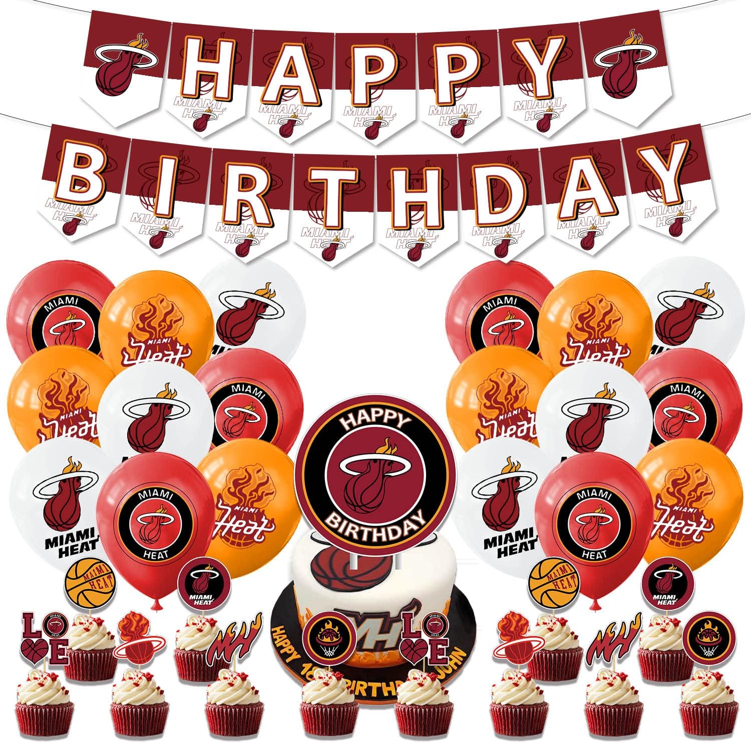 Miami Heat Birthday Party Decorations Jimmy Butler Basketball Party Supplies NBA Basketball Sports Birthday Party Favors includes Banner Balloons Cupcakes Cake Topper for Men and Girls Boys