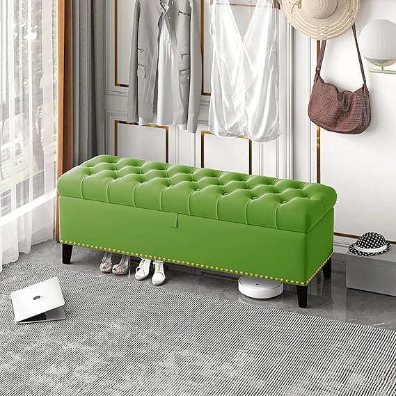 Velvet Storage Bench,Luxurious Storage Bench End of Bed Bench,Buttons Upholstered Bench with Storage,Modern Storage Benches Bedroom Bench Storage Chest-Light Green 80x40x45cm(31x16x18inch)