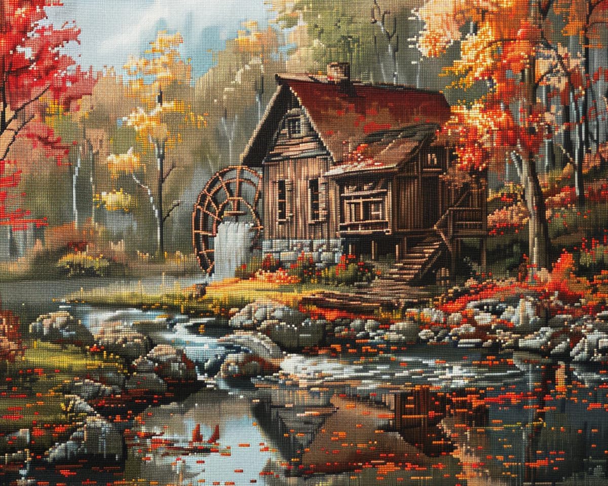Generic Autumn Landscape Mill Fall Trees DIY 11CT Stamped Cross Stitch Kits for Beginners Easy Needlepoint Embroidery Counted Cross Stitch Art Craft for Wall Decoration 12x16inch8