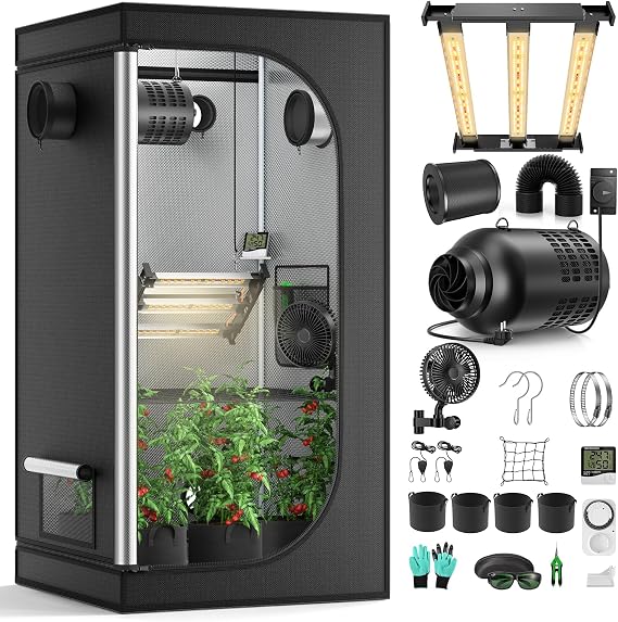 Grow Tent Complete Set with M1500 LED Full Spectrum Grow Lamp 80 x 80 x 160 cm Grow Tent 4 Inch 215 CFM 3000RPM Quiet and Efficient Ventilation Kit 4-Speed Fan Hydroponics Indoor Growing Tent Set