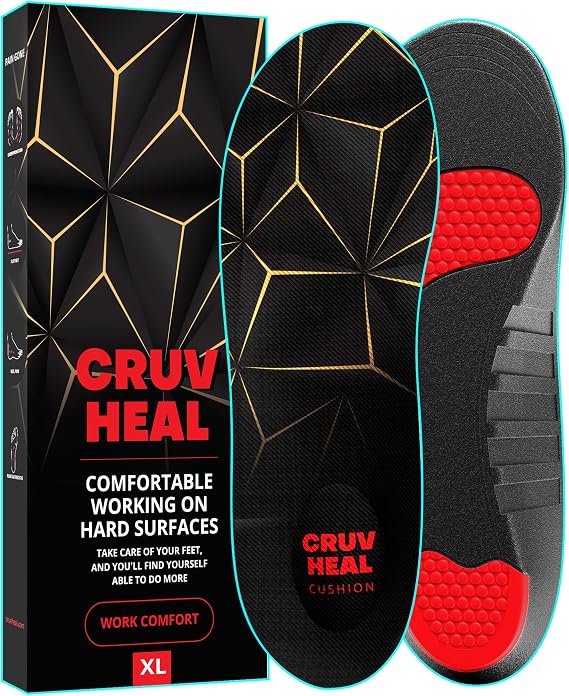 CRUVHEAL Work Pro Boot Insoles Men Low Arch Shock Absorption (Black, XL)