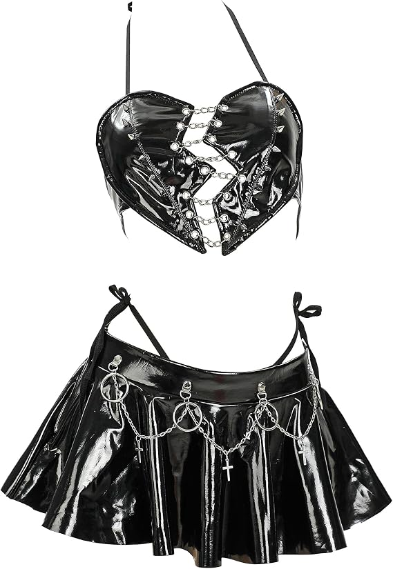 MEOWCOS Women's Lingerie Broken Heart Gothic Lingerie Set Black Halter and Skirt Set