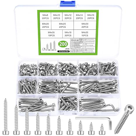 Pack of 200 M4 self-tapping screws stainless steel wood screws hexagon socket screws cylinder head screws for wood and metal (M4)