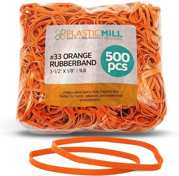 PlasticMill #33 Rubber Bands, Office Supplies, Orange, 1LB 500-Pack | Size 33 Rubber Bands, Office Supplies, Orange, 1lb 500-Pack for Organizing, Bundling Papers, Cash and File Folders