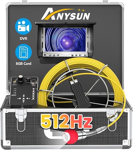Anysun Sewer Camera with 512Hz Sonde Transmitter, 165ft Inspection Camera | 7" LCD Monitor, IP68 waterproof, DVR recording,165ft push cable for sewer, drain, plumbing and pipeline inspections