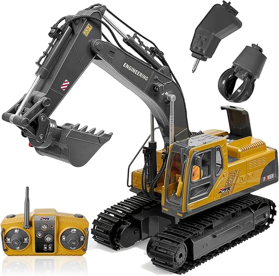 KOLEGEND 3 in 1 Remote Control Excavator 14 Channel RC Excavator for Adults with Shovel/Claw/Drill 2.4GHz Fully Functional Construction Vehicle Toy Gift for Adults