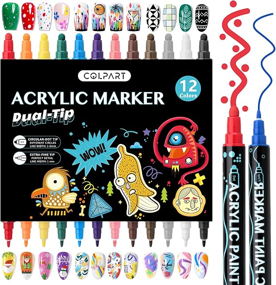 Nail Art Pens Set - 12 Colors Nail Art Markers Nail Polish Set & Acrylic Paint Pens for Drawing, Dotting, and Lining. Your Complete DIY Manicure Kit for Home Salon Nail Designs Christmas Gifts