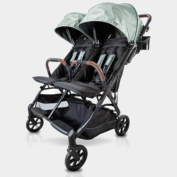 Strolee Lightweight Double Side by Side Stroller for Travel- 22 Lbs, 9.5" Compact Fold, Twin Nap Ready Seating, No Rethread Harness, Magnetic Buckle & Ultra Plush Seat 60Lb Max Per Seat- (v2 Sage)