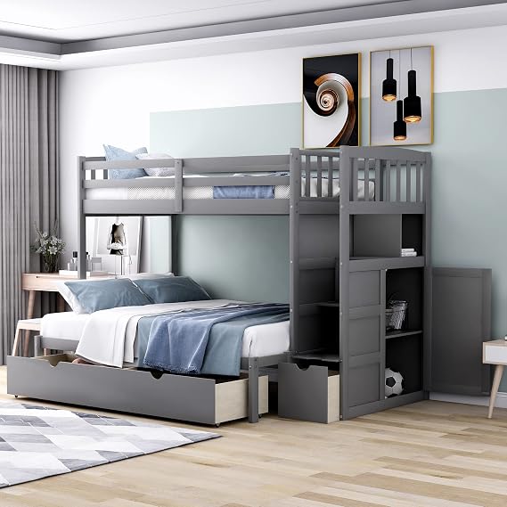 Harper & Bright Designs Twin Over Full Bunk Bed with Storage Stairs and 2 Drawers,Wood Twin Over Twin Bunk Bed Frame with Guardrail and Slats for Kids Teens Adults,Gray
