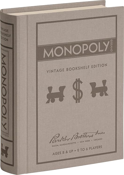 WS Game Company Monopoly Vintage Bookshelf Edition Board Game Premium Fabric-Wrapped Book Storage Box with Retro Graphics, Wooden Houses, Strategy Board Games for Kids, Adults & Family, Ages 8+ | Classic Family Strategy Board Game, Linen-Wrapped Book Box, Integrated Storage, Retro Design, Adults and Kids Ages 8 and Up
