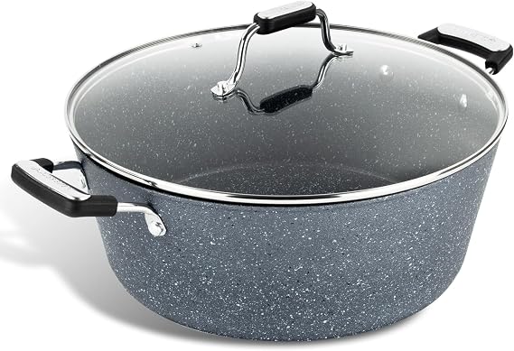 Scoville Expert Neverstick+ 32cm Stock Pot with Glass Lid, Large Non-Stick Stock Pot, 8L Capacity, Suitable for All Hobs, Ergonomic Handles, Deep Cooking Pot, PFOA Free, Aluminium, Grey