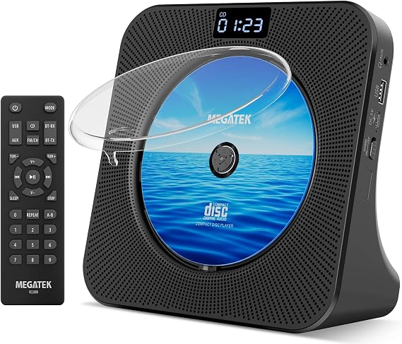 MEGATEK Portable CD Player with Bluetooth RX/TX, FM Radio & USB - Black | Desktop Design, HiFi Stereo Speakers, Front Display, Headphone Jack, Sleep Timer, Remote, USB-C Adapter Included