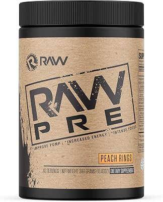 RAW Pre Workout Powder Supplement | Laser Focus Enhancer, Explosive Strength, Surge in Energy, Powerful Pump, Optimal Training | Peach Rings 40 Servings
