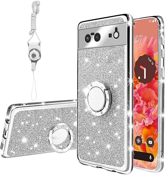 for Google Pixel 6 Case, Pixel 6 Phone Case for Women Glitter Crystal Soft Stylish Clear TPU Luxury Cute Protective Cover with Kickstand Strap for Google Pixel 6 (2021) (Glitter Silver)