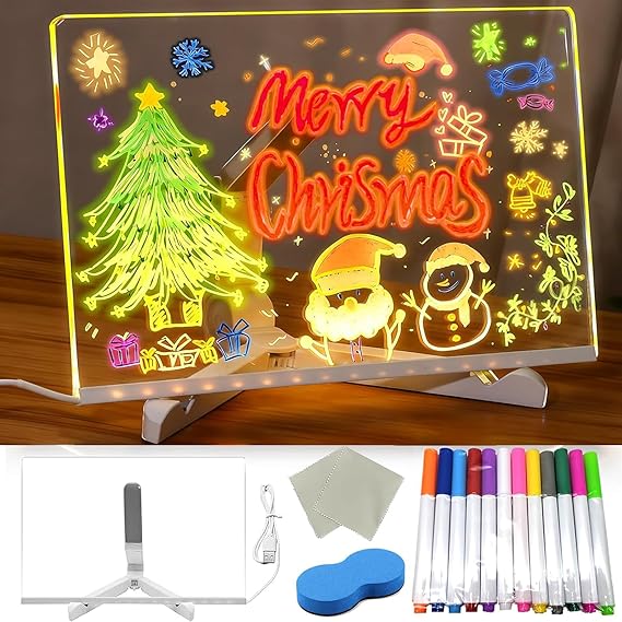 Led Note Board with Colors, Led Light Up Acrylic Message Board 12 Colors Pen/Stand/Eraser, Led Drawing Writing Board for Kids, Arts Doodle Note Board for Office School Home (30x20CM)