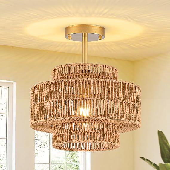 1-Light Rattan Ceiling Light Fixture, 12.4" Boho Semi Flush Mount Ceiling Light with 3-Tier Hand-Woven Drum Shade, Rustic Rattan Chandelier for Dining Room Living Room Bedroom Farmhouse Entryway Foyer