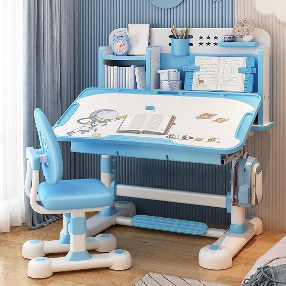 Study Desk and Chair Set for Kids 3-15, Children School Study Table Set with Adjustable Tilt Angle Desktop Sitting Corrector Ergonomic Desk Chair with Book Stand Foot Pedal Partition Design Blue
