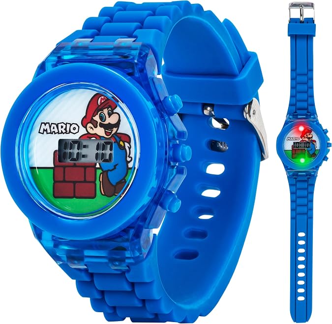 Super Mario Kids LCD Digital Watch with Flashing Lights in Dial Featuring Mario Design and Molded Silicone Strap Easy-Read Time Display Durable Build Fits Wrists 5.5" to 8"