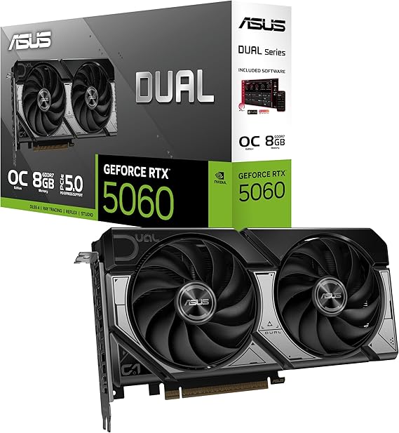ASUS Dual NVIDIA GeForce RTX 5060 8GB GDDR7 OC Edition (PCIe 5.0, 8GB GDDR7, DLSS 4, HDMI 2.1b, DisplayPort 2.1b, 2.5-Slot Design, Axial-tech Fan Design, 0dB Technology),