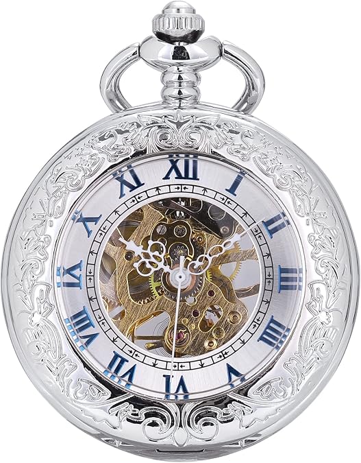 ManChDa Pocket Watch Retro Smooth Classic Mechanical Hand-Wind Pocket Watch Steampunk Roman Numerals Fob Watch for Men Women with Chain + Box