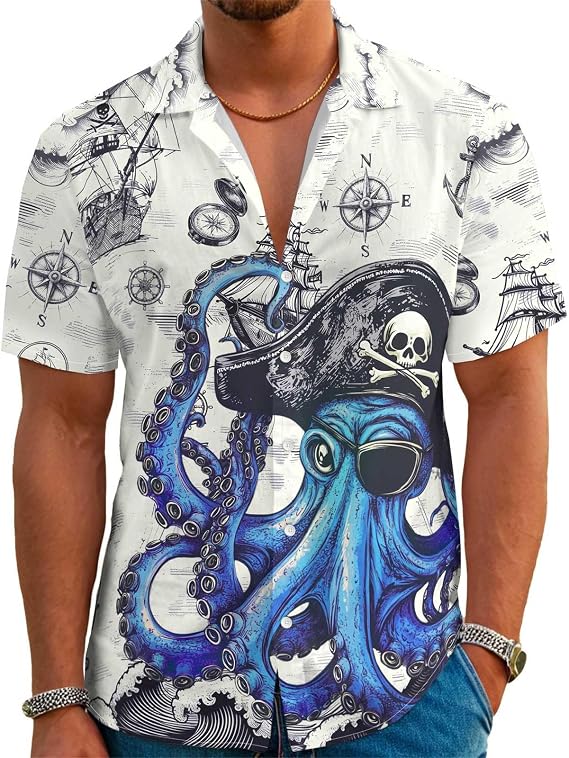 THE PIRATE KING Funny Pirate Hawaiian Shirt Men's Aloha Shirt Summer Beach Vacation Short Sleeve Casual Button Down Shirt