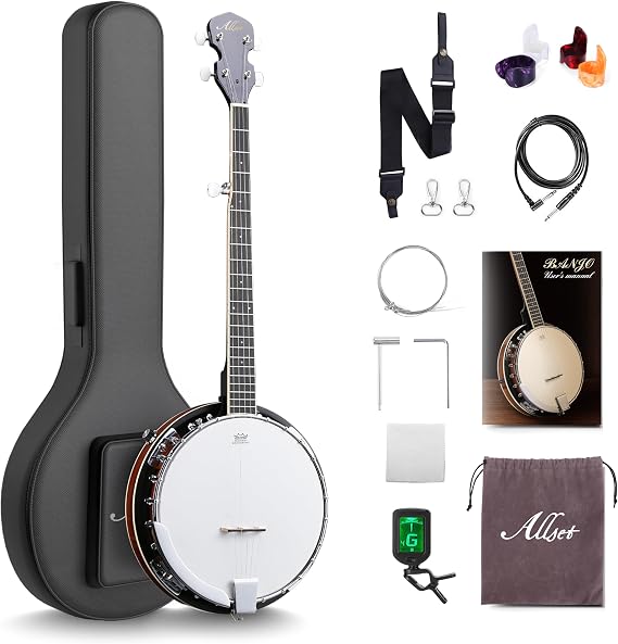 ALLSET 5 String Electric Banjo, Full Size 38 inch Geared 5th Tuner | Remo Head & Mahogany Body | Complete Starter Kit + Gig Bag/Tuner | Best Gift for Adult & Teen Beginners