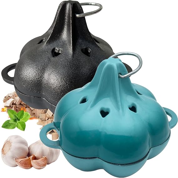 Cast Iron Smoker Roaster & Garlic Roster Baker, Smoker Box, Pre-Seasoned Cast Iron Garlic Roaster for Grill, Perfect for BBQ and Oven, for Smoky, Flavorful Vegetables, Meats or Wood Chips