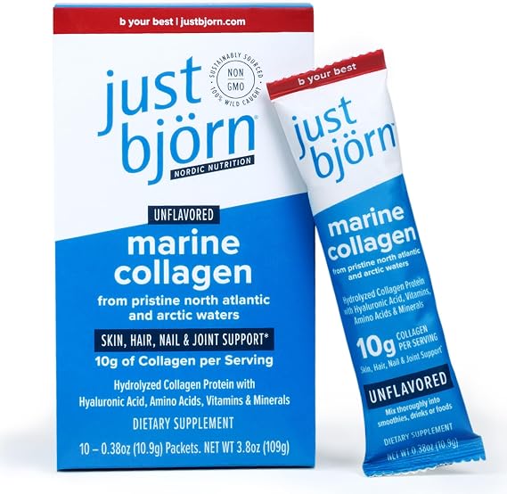 Marine Collagen Peptides Powder On-The-Go Stick Packs (10 Pack) | Wild-Caught Nordic Cod, Type 1 - Skin, Hair, Nail & Joint Support - Hyaluronic Acid, Vitamin C Amino Acids - Unflavored