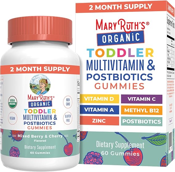 MARYRUTH'S Organic Toddler Multivitamin Gummies + Postbiotics, 60 Servings | USDA Organic, For Kids Ages 2+, Immune Support, Vitamin C, D3, A, Zinc, Vegan, Non-GMO, 60 Servings