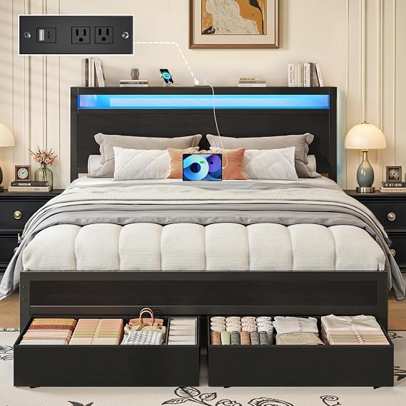 Fluest Queen Bed Frame,Queen Bed Frame with Storage Headboard & 2 Storage Drawer, Charging Station & LED Light, No Box Spring Needed, Noise Free, Easy Assembly, Classic Black