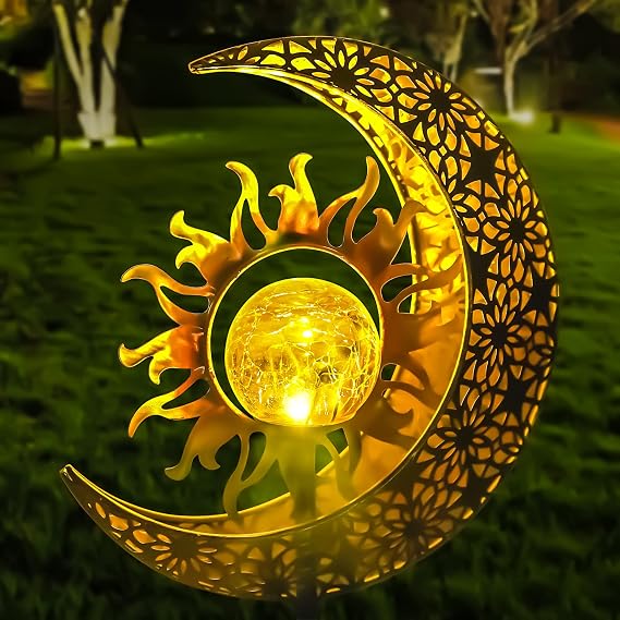 Vuees Solar Mom Gifts Garden Statues Outdoor Decor, Moon Sun Figurine Light Stake, Housewarming Ornament for Patio, Lawn, Yard, Pathway - Unique Gift Ideas for Gardening Grandma Mothers Day