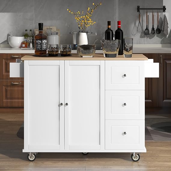 Kitchen Island Cart with Locking Wheels Mobile Drop Leaf Breakfast Bar with Drawers and Storage Cabinet Kitchen Trolley with Spice Rack, Towel Rack (White, 52.7W 3Drawers 2Doors)